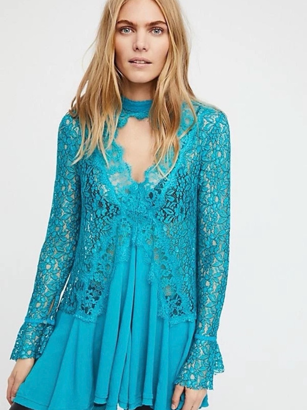 Free People Tell Tale Tunic Mini Dress Teal Lace Boho Fairycore Women's Sz small